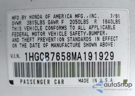 1991 Honda Accord Lx/Ex z USA, uszkodzony, nr VIN 1HGCB7658MA191929